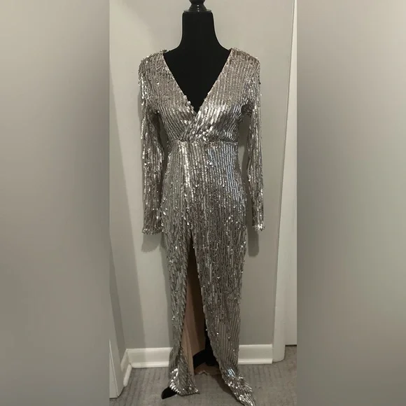 green emerald velvet dress Silver Sequin Maxi Dress M / Silver